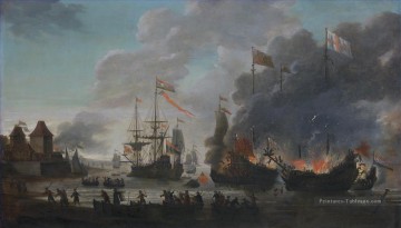 Les Hollandais brûlent des navires anglais lors de l’expédition à Chatham Raid sur Medway 1667 Jan van Leyden 1669 Batailles navale Peinture à l'huile